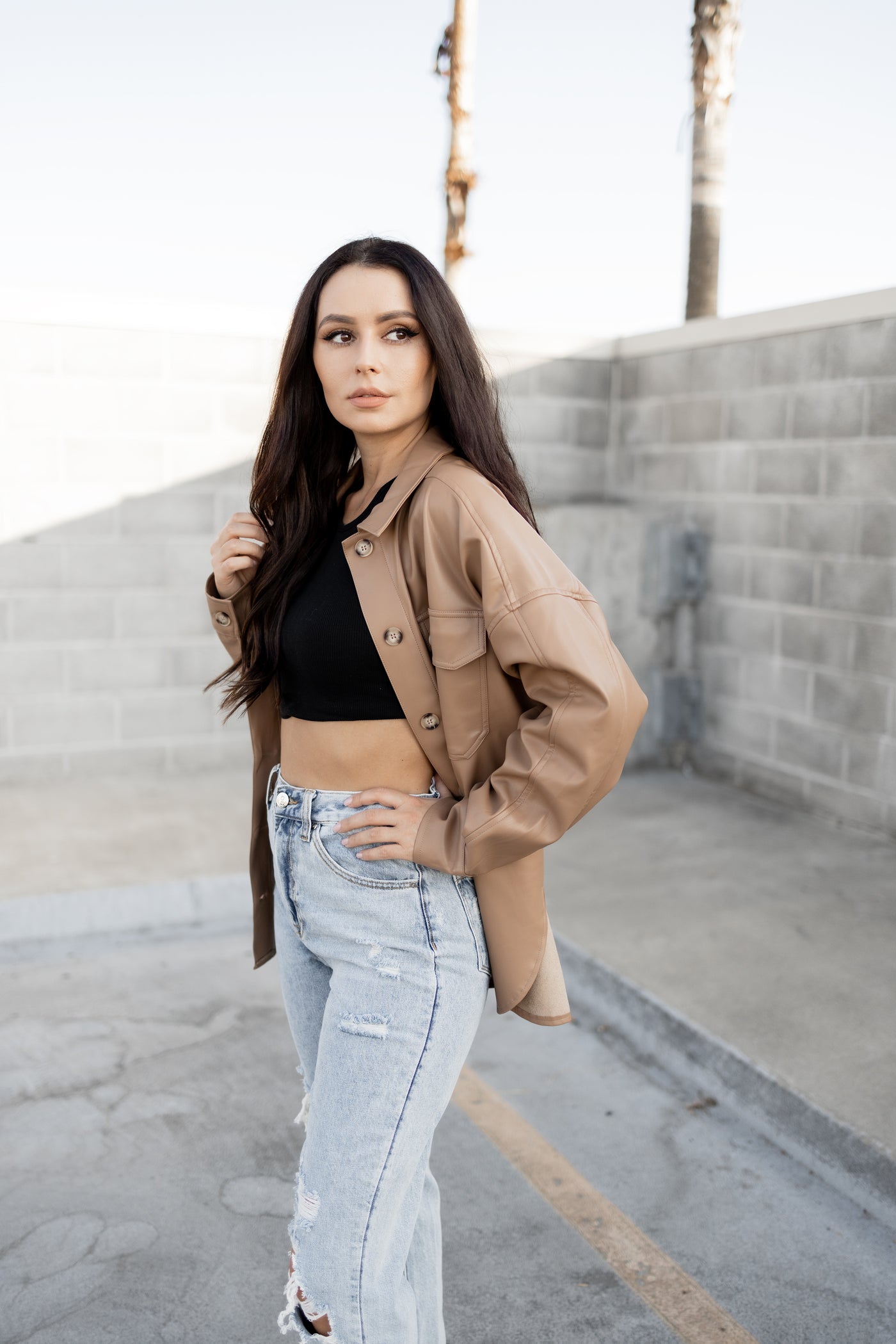Caramel faux leather shirt jacket Isle Rae
